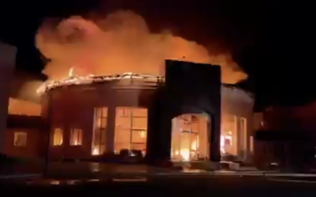 Flames engulf the Rabbeinu HaGadol visitors' complex in Hadiach, Ukraine, after a major overnight fire destroyed large parts of the Chabad pilgrimage centre. Credit: X