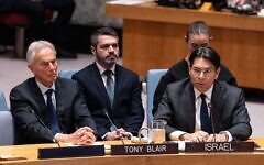 Ambassador Danny Danon of Israel speaks during Security Council meeting on The situation in the Middle East, including the Palestinian question Quarterly Open Debate as Sir Tony Blair listens at UN Headquarters in New York, NY on April 28, 2026. Ambassador Danny Danon of Israel speaks during Security Council meeting on The situation in the Middle East, including the Palestinian question Quarterly Open Debate as Sir Tony Blair listens at UN Headquarters in New York, NY on April 28, 2026.