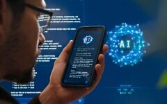 A man holding a smartphone with an AI chatbot app against a glowing visualisation displaying artificial intelligence software.