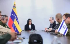 Venezuelan President Delcy Rodríguez meets an Israeli delegation following June’s deadly earthquakes. PhotoCredit: IDF Spokesperson via TOI