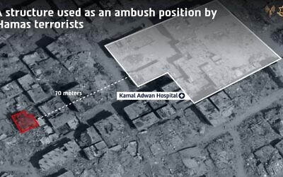 A structure used by Hamas as an ambush position roughly 70 meters from Kamal Adwan Hospital.
Photo credit: IDF Spokesperson Unit