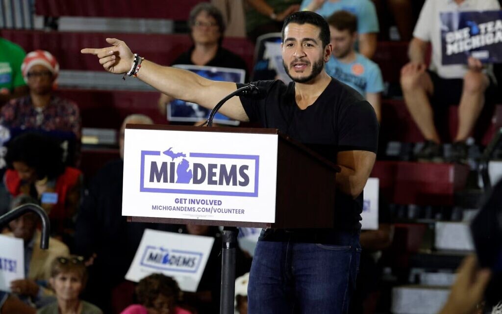 US Democratic Senate candidate from Michigan Abdul El-Sayed addresses a rally at Renaissance High School in Detroit, Michigan, Aug. 7, 2026. (Jeff Kowalsky/AFP via Getty Images via JTA)