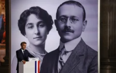 French President Emmanuel Macron delivers a speech during the the induction ceremony at the Pantheon for late French historian and resistance fighter Marc Bloch and his wife Simonne Vidal, in Paris, France, Tuesday, June 23, 2026. (Alice Sacco/Pool Photo via AP) French President Emmanuel Macron delivers a speech during the the induction ceremony at the Pantheon for late French historian and resistance fighter Marc Bloch and his wife Simonne Vidal, in Paris, France, Tuesday, June 23, 2026. (Alice Sacco/Pool Photo via AP)