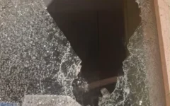 A shattered window following the incident. Photo Credit: X, via Times of Israel