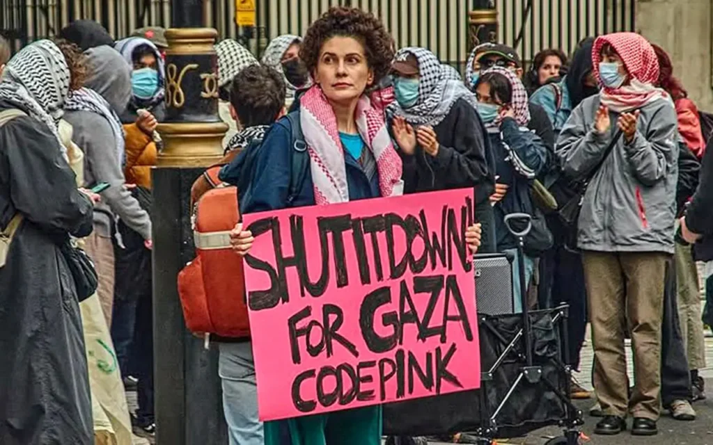 A Code Pink activist at a pro-Palestinian protest.