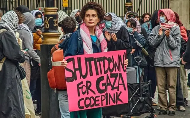 A Code Pink activist at a pro-Palestinian protest.