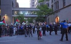 Pro-Palestinian protesters demonstrated against the "Great Israel Real Estate" event at the Park East Synagogue in Manhattan on May 5, 2026, in New York City. (Selcuk Acar/Anadolu via Getty Images via JTA)