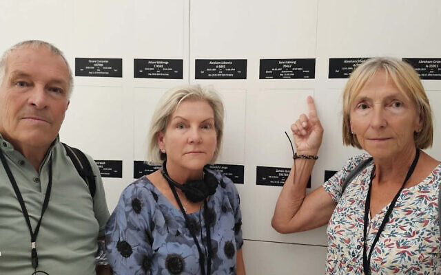 Undated family handout photo of relatives of Scottish missionary Jane Haining, Kevin O'Brien, Liz Harrigan and Patricia Audis, in front of a section of the Auschwitz Birkenau Memorial and Museum's main exhibition where the name of Miss Haining who was murdered by the Nazis after caring for Jewish schoolgirls in Budapest has been added. Issue date: Thursday September 3, 2026. PA Photo.