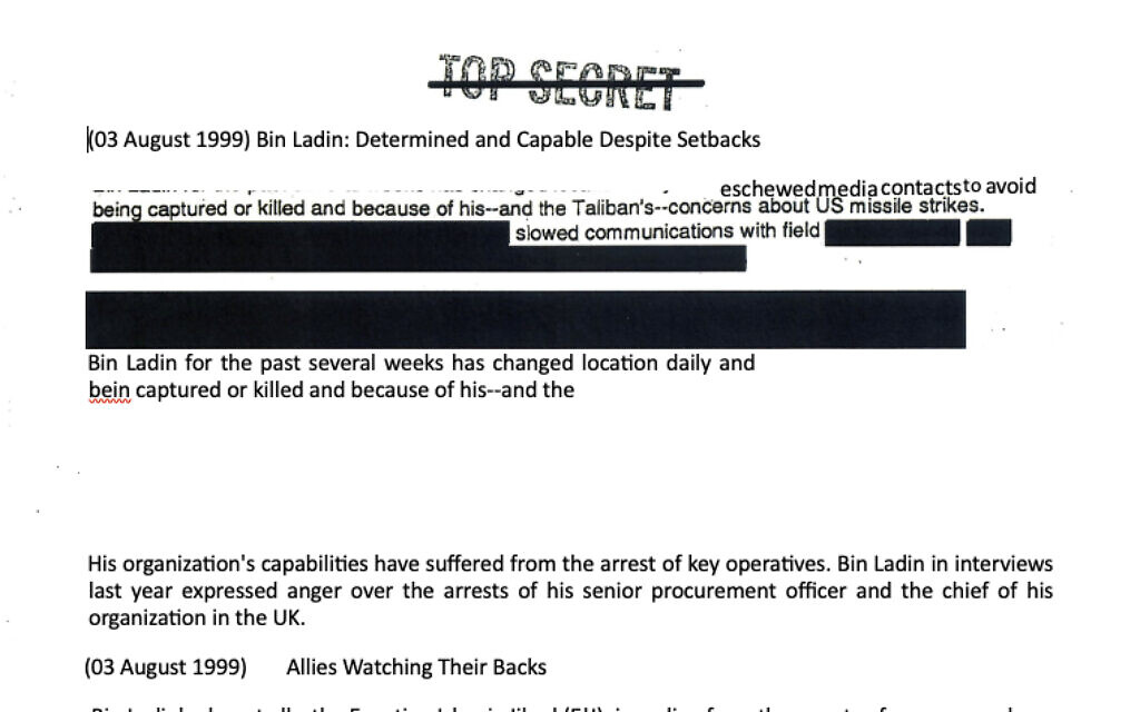 Undated handout image issued by the CIA of a declassified document which has been released by the CIA. The CIA had “strong indications” terror chief Osama bin Laden wanted to attack Britain on its own soil years before 9/11, newly declassified presidential memos reveal. The previously top secret documents detail how the UK was on the hitlist of the al Qaida leader back in 1998. The information emerged in a trove of President’s Daily Brief (PDB) products released by CIA director John Ratcliffe to mark the 25th anniversary of the September 11 terror attacks, which claimed the lives of nearly 3,000 people, including 67 British citizens. Issue date: Friday September 11, 2026. PA Photo. Photo credit should read: CIA/PA Wire