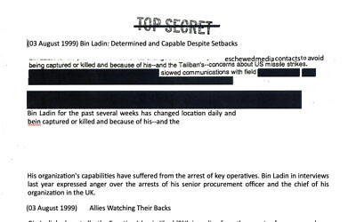Undated handout image issued by the CIA of a declassified document which has been released by the CIA. The CIA had “strong indications” terror chief Osama bin Laden wanted to attack Britain on its own soil years before 9/11, newly declassified presidential memos reveal. The previously top secret documents detail how the UK was on the hitlist of the al Qaida leader back in 1998. The information emerged in a trove of President’s Daily Brief (PDB) products released by CIA director John Ratcliffe to mark the 25th anniversary of the September 11 terror attacks, which claimed the lives of nearly 3,000 people, including 67 British citizens. Issue date: Friday September 11, 2026. PA Photo. Photo credit should read: CIA/PA Wire