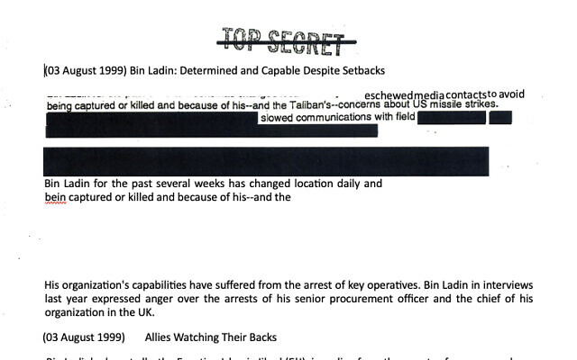 Undated handout image issued by the CIA of a declassified document which has been released by the CIA. The CIA had “strong indications” terror chief Osama bin Laden wanted to attack Britain on its own soil years before 9/11, newly declassified presidential memos reveal. The previously top secret documents detail how the UK was on the hitlist of the al Qaida leader back in 1998. The information emerged in a trove of President’s Daily Brief (PDB) products released by CIA director John Ratcliffe to mark the 25th anniversary of the September 11 terror attacks, which claimed the lives of nearly 3,000 people, including 67 British citizens. Issue date: Friday September 11, 2026. PA Photo. Photo credit should read: CIA/PA Wire