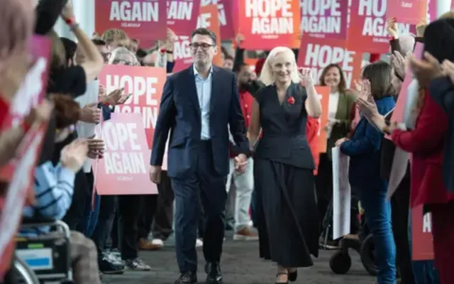 Prime Minister Andy Burnham with his wife Marie France Van Heel after delivering his keynote speech to the Labour Party Conference at the ACC Liverpool. Pic PA