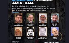 A wanted poster created by DAIA, the Argentinian Jewish umbrella group, features images of the seven Iranians and one Lebanese alleged to have helped carry out the 1994 AMIA bombing. (Courtesy)