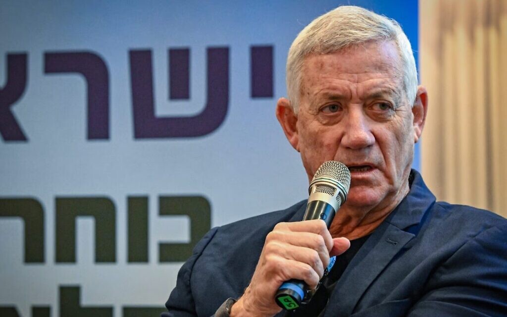 Blue and White Party chairman Benny Gantz attends an agriculture conference in Herzliya, Israel, on Sept. 12, 2026, ahead of the general elections on Oct. 27. (Avshalom Sassoni/Flash90)