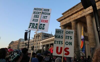 A demonstration at the Brandenburg Gate following the victory of the far right in the Saxony-Anhalt regional election, in Berlin on Sept. 7, 2026. (Hélène Rigny / Hans Lucas via AFP via JTA)