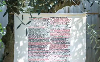 A panel from the Stitch Their Names Together project, featuring the names of Palestinians reported killed in Gaza. Photo Credit: Stitch Their Names Together