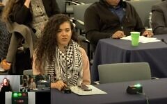 Hannah Gann, a Jewish public school teacher and activist in Philadelphia who pretended to be Palestinian for years, addresses a meeting of the Philadelphia Board of Education, Dec. 4, 2025.(Screenshot)