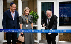 Chief Rabbi Sir Ephraim Mirvis cuts the ribbon at the opening of Immanuel College’s new Sixth Form Centre, alongside Aaron Etingen and Elena Gabay