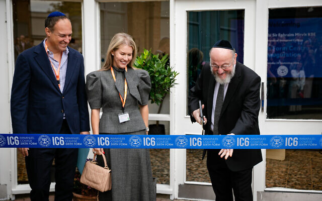 Chief Rabbi Sir Ephraim Mirvis cuts the ribbon at the opening of Immanuel College’s new Sixth Form Centre in Bushey. Photo Credit: Immanuel College