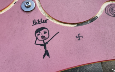 A swastika and drawing of Adolf Hitler found on children’s play equipment at Red Road Park in Borehamwood. Photo Credit: Dan Ozarow