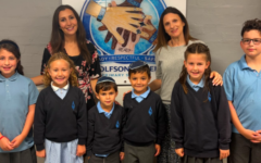Alex Kingston and Laura Russell, Co-Headteachers of Wolfson Hillel Primary School, with pupils