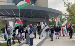 Pro-Palestinian protesters outside the Meridian Arts Centre in Toronto, where The Song Shul held a Yom Kippur service on Monday. Photo Credit: Neil Herland / X