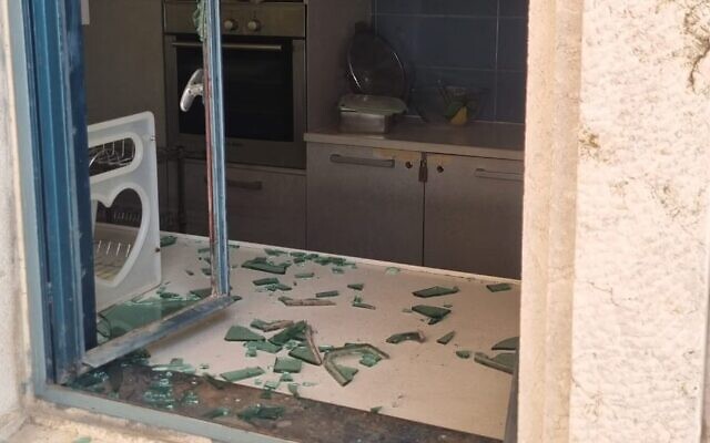 A damaged window at Kol HaNeshamah synagogue in Jerusalem. (Courtesy of Debi Shoua Haim)