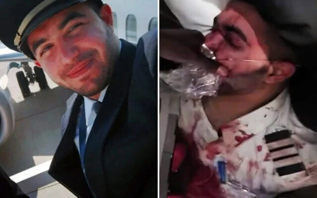 Left) Hamam al-Hammami, the copilot who tried to bring down a flydubai flight to Israel in a terror attack on September 30, 2026, seen in an undated image from his recently deleted LinkedIn profile; al-Hammami seen after he was subdued and bound on the plane. (Channel 12 screenshot)