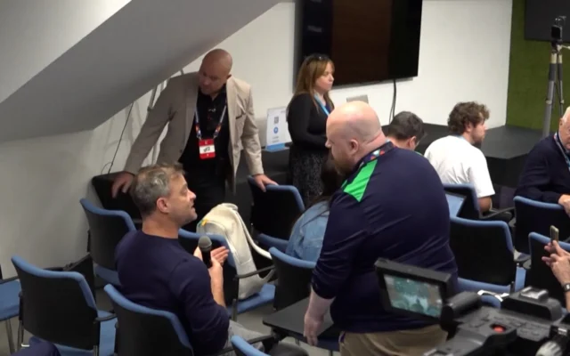 An Israeli journalist is confronted by an Ireland press officer during the heated pre-match media briefing. Photo Credit: Sky Sports News