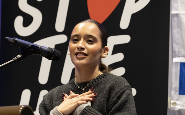 Israeli Arab Muslim teenager Lourd Attia addresses the 7 October anniversary vigil at South Hampstead Synagogue. Photo Credit: Phil Harris